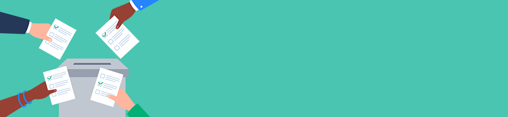 Four animated arms and hands placing paper into a ballot box