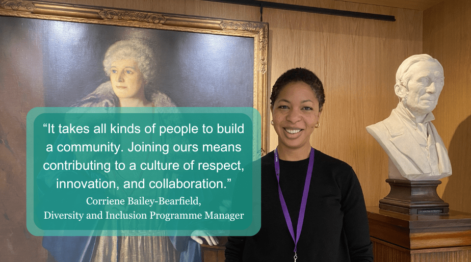 Corriene Bailey Bearfield in the RCS England building with a shortened version of the testimonial quote below