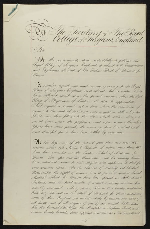 First page of a script petition "to the Secretary of The Royal College of Surgeons, England"