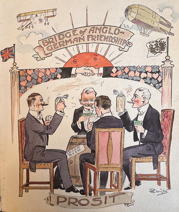 A colour drawing. Under the heading 'Bridge of Anglo-German Friendship', 4 men play cards and drink beer.  The table they are using is a beer keg labelled 'lager beer'.