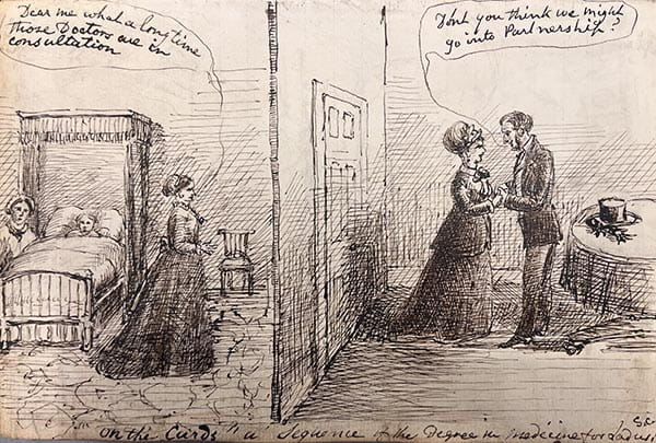 A drawing of someone waiting for the doctor to arrive, whilst the male doctor is distracted talking to a female doctor