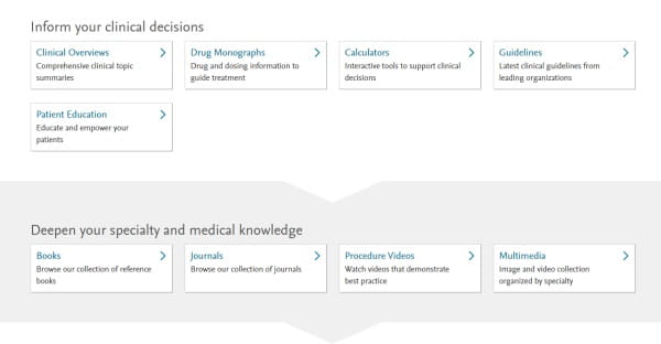 Shortcut links from the ClinicalKey homepage, including Clinical Overviews, Drug Monographs, Calculators, Guidelines, Patient Education, Books, Journals, Procedure Videos and Multimedia