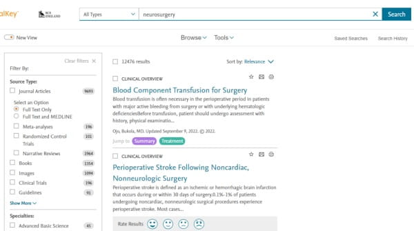 The results page from ClinicalKey for a search for 'neurosurgery', with facets on the left and the top two results on the right