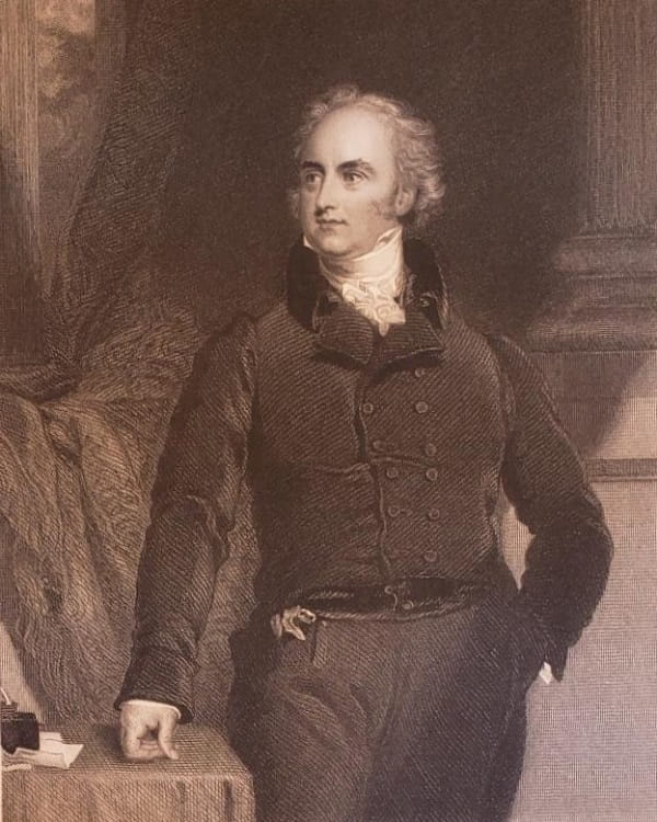 Engraving of a standing man in early 19th century clothing