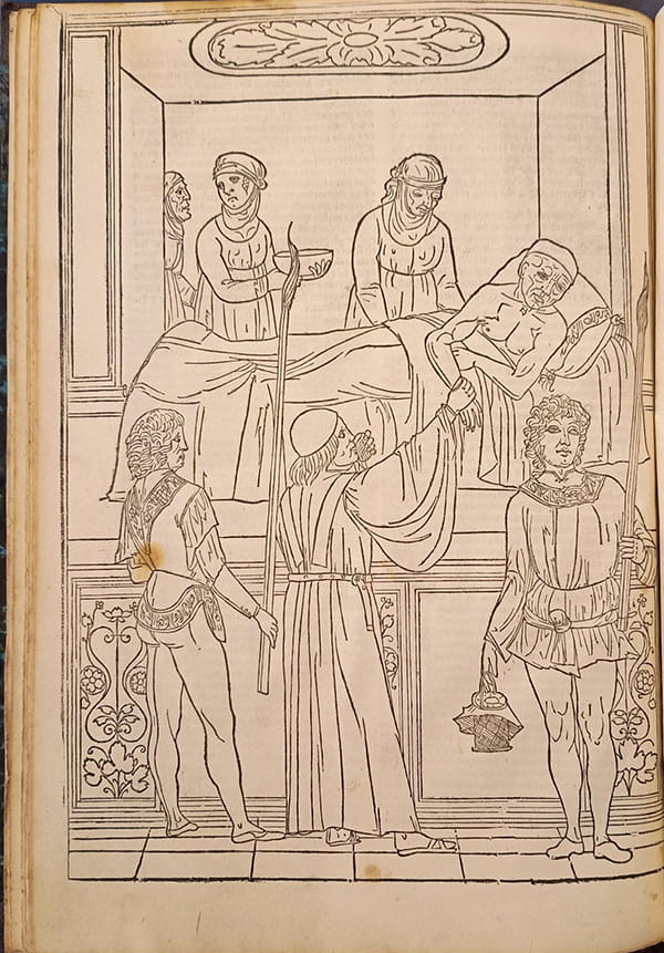 Engraving showing a patient in bed, being tended to by 6 individuals.