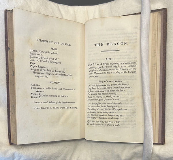 Open spread from a hardbound book, with pages headed 'Persons of the drama' and 'The Beacon act 1'