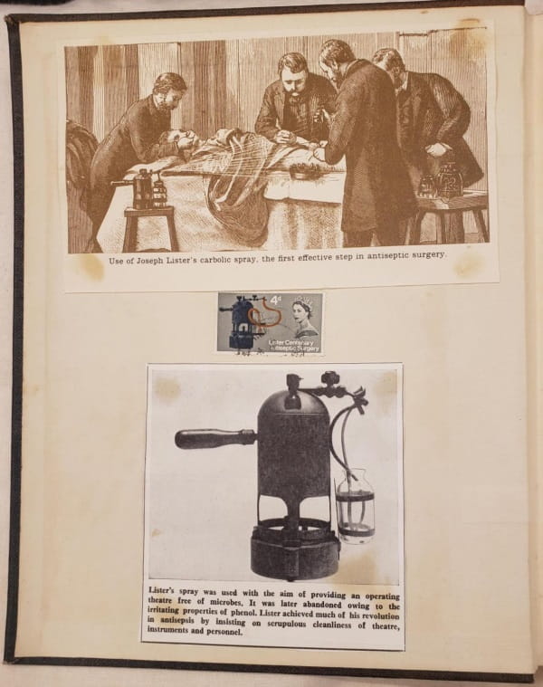 A page containing an engraving entitled "Use of Joseph Lister's carbolic spray, the first effective step in antiseptic surgery", a centenary stamp showing the spray cannister, and a photograph of the cannister itself captioned "Lister's spray was used with the aim of providing an operating theatre free of microbes..."