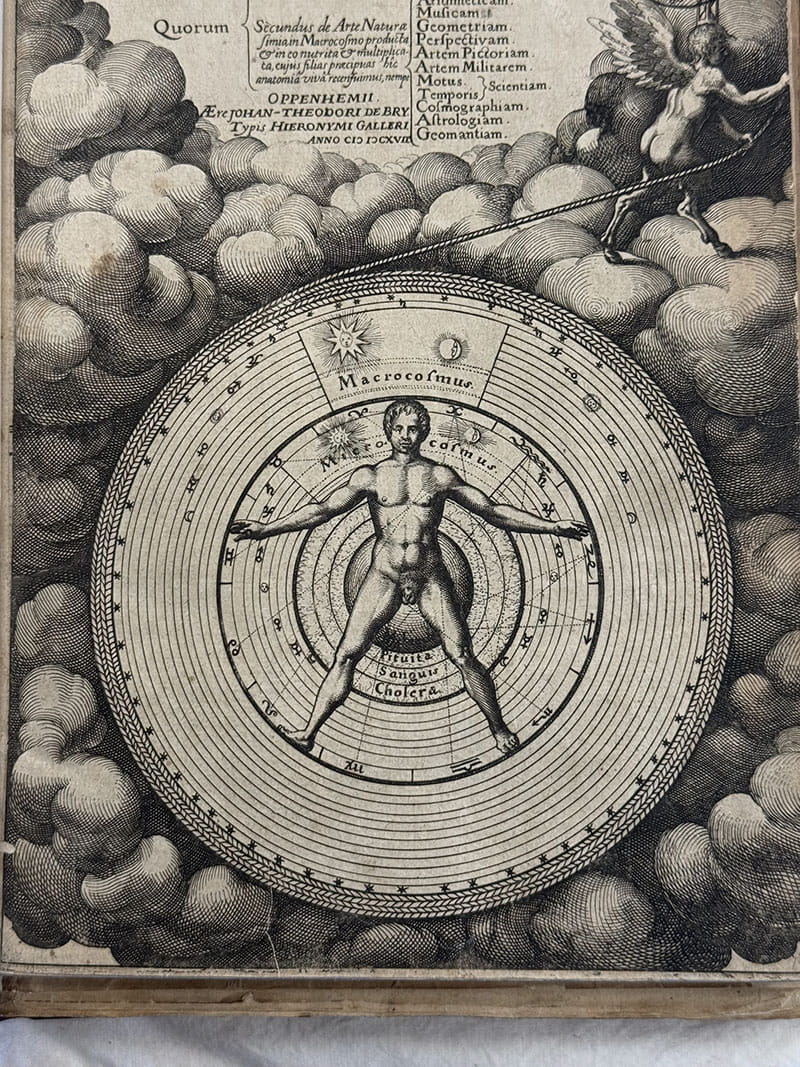An engraving of a naked man in a series of nested circles