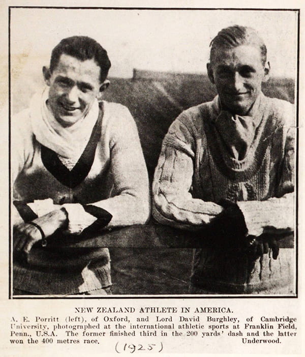Monochrome newspaper photograph of Arthur Espie Porritt and Lord David Burghley at an international sports event, entitled ‘New Zealand Athlete in America’.