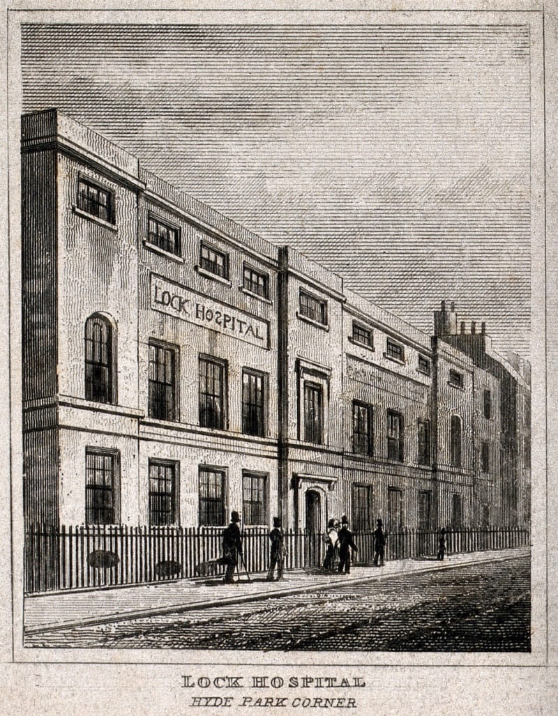 An engraving of a 3 story building, captioned "Lock Hospital, Hyde Park Corner"