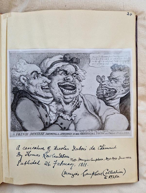 An album page showing a drawn caricature, described in the main text of this post, captioned: 'A French dentist shewing a specimen of his artificial teeth and false palates.' The page is captioned 'A caricature of Nicolas Dubois de Cheinaut by Thomas Rowlandson. Published 26 February, 1811. (Menzie Campbel Collection in RCSEd.)