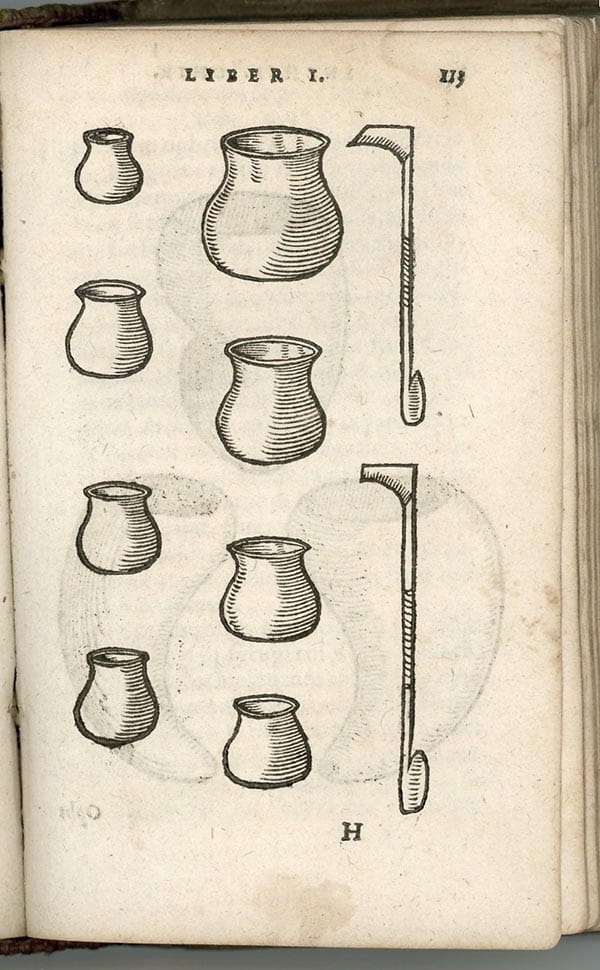 A diagram of eight differently-sized open containers, and two hook-shaped implements.